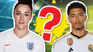 Lucy Bronze and Jude Bellingham pose in front of a football stadium, a yellow splat and a red question mark with a white outline